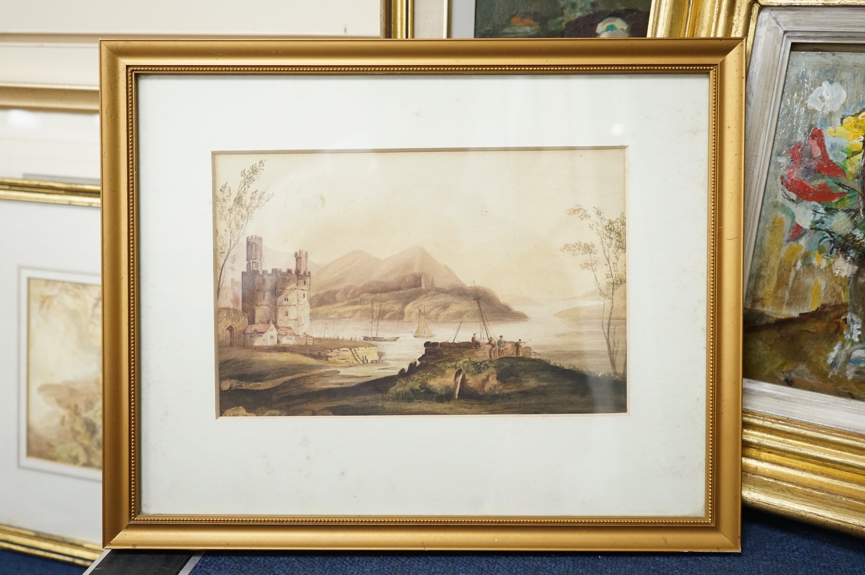 19th century, English School, Castle and lake, watercolour, 16.5 x 24.5cm